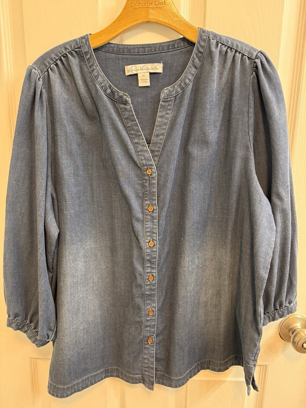 Gloria Vanderbilt XL Blue Denim Blouse 3/4 Balloon Sleeves Split V- Neck Button